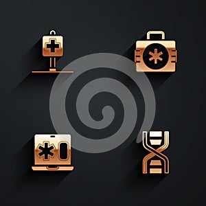 Set Location hospital, First aid kit, Clinical record laptop and DNA symbol icon with long shadow. Vector