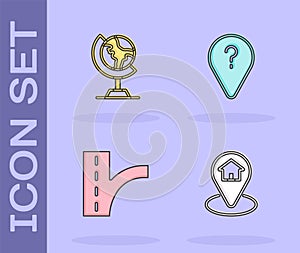 Set Location with house, Earth globe, Road traffic sign and Unknown route point icon. Vector
