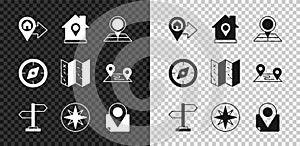 Set Location with house, Folded map location marker, Road traffic sign, Wind rose, Compass and icon. Vector