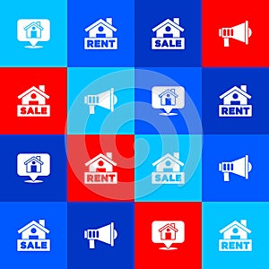 Set Location with house, Hanging sign Rent, Sale and Megaphone icon. Vector