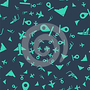 Set Location, Jet fighter, Plane and Airplane seat on seamless pattern. Vector.
