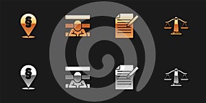 Set Location law, Prisoner, Document and pen and Scales of justice icon. Vector