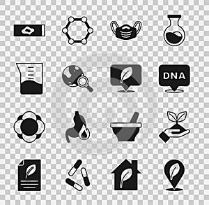 Set Location with leaf, Plant in hand, DNA symbol, Medical protective mask, Magnifying glass globe, Laboratory glassware