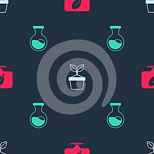 Set Location with leaf, Plant in pot and Test tube and flask on seamless pattern. Vector