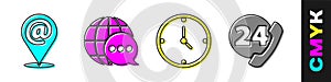 Set Location and mail and e-mail, World map made from speech bubble, Clock and Telephone 24 hours support icon. Vector