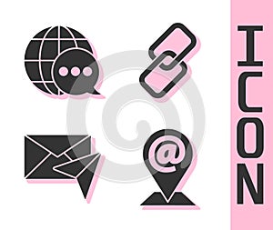 Set Location and mail and e-mail, World map made from speech bubble, Envelope and Chain link icon. Vector