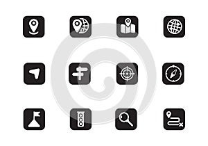 Set of location and navigation icons in rounded rectangle shape