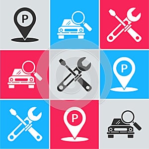 Set Location with parking, Car search and Screwdriver and wrench tools icon. Vector