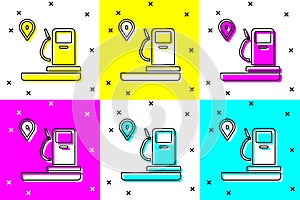 Set Location and petrol or gas station icon isolated on color background. Car fuel symbol. Gasoline pump. Vector