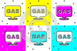 Set Location and petrol or gas station icon isolated on color background. Car fuel symbol. Gasoline pump. Vector