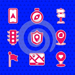 Set Location shield, City map navigation, with heart, house, marker, Traffic light, Road traffic sign and icon. Vector
