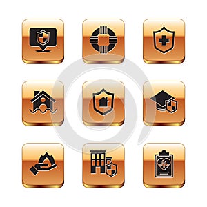 Set Location shield, Hand holding fire, House with, flood, Health insurance, and Lifebuoy icon. Vector