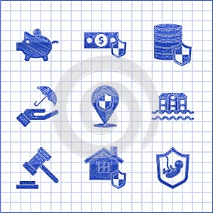 Set Location shield, House with, Life insurance, flood, Judge gavel, Umbrella hand, Money and Piggy bank icon. Vector