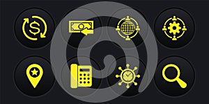 Set Location with star, Outsourcing concept, Telephone, Clock and gear, and Cash back icon. Vector