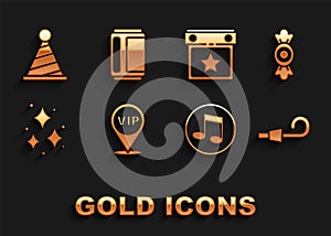 Set Location Vip, Candy, Birthday party horn, Music note, tone, Firework, Calendar, Party hat and Beer can icon. Vector