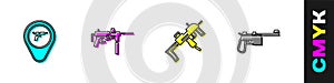 Set Location with weapon, Submachine gun M3, MP9I submachine and Mauser icon. Vector photo