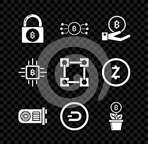 Set Lock with bitcoin, Cryptocurrency circle microchip circuit, Hand holding Bitcoin, Mining farm, Dash, plant the pot