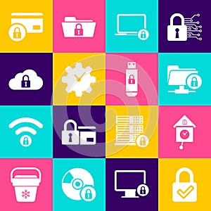 Set Lock and check mark, Retro wall watch, FTP folder lock, Laptop, Time Management and Cloud computing icon. Vector