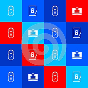 Set Lock and check mark, Tablet with closed padlock, and Laptop exclamation icon. Vector