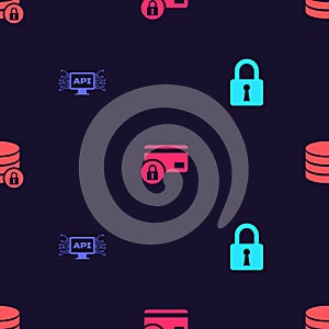 Set Lock, Computer api interface, Credit card with lock and Server security on seamless pattern. Vector