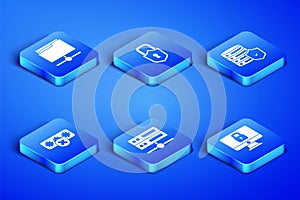 Set Lock on computer monitor, FTP folder, Server, Data, Web Hosting, Password protection, and with shield icon. Vector