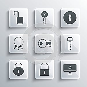 Set Lock, on computer monitor, Key, Bunch of keys, Open padlock and Keyhole icon. Vector