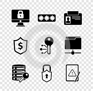 Set Lock on computer monitor, Password protection, Identification badge, Server security with key, Tablet exclamation