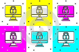 Set Lock on computer monitor screen icon isolated on color background. Security, safety, protection concept. Safe