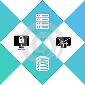 Set Lock on computer monitor, Server, Data, Web Hosting, and Mail message lock password icon. Vector