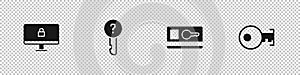 Set Lock on computer monitor, Undefined key, Key card and icon. Vector