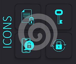 Set Lock, Document and lock, Old key and Mobile with closed padlock icon. Black square button. Vector