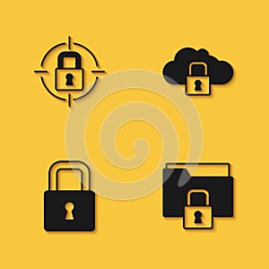 Set Lock, Folder and lock, and Cloud computing icon with long shadow. Vector