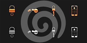 Set Lock and key, Broken, Locked and Mobile graphic password icon. Vector