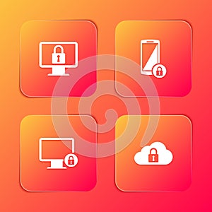 Set Lock on monitor, Smartphone with lock, and Cloud computing icon. Vector