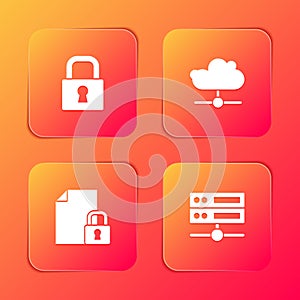 Set Lock, Network cloud connection, Document and lock and Server, Data, Web Hosting icon. Vector