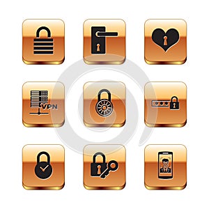 Set Lock, Padlock with clock, and key, Safe combination wheel, Server VPN and Heart keyhole icon. Vector