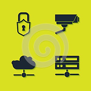 Set Lock, Server, Data, Web Hosting, Network cloud connection and Security camera icon. Vector