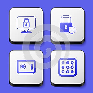 Set Lock, Shield security with lock, Safe and Graphic password protection icon. White square button. Vector