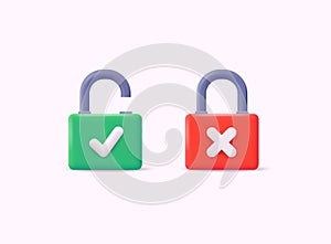 Set of Lock and Unlock Sign. Security concept. Security, safety, encryption, protection, privacy concept. 3D Web Vector