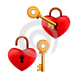 Set of locked and unlocked cartoon red heart shaped padlock with golden key isolated on a white background