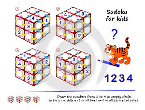 Set of logic 3D Sudoku puzzle games for children. Draw numbers from 1 to 4 in empty circles so they are different.