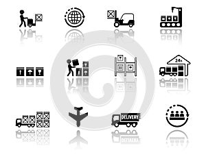 Set logistic icons with mirror reflection silhouette