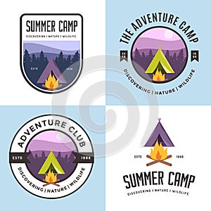 Set of logo, badges, banners, emblem and elements for summer camp. Outdoor adventure club.