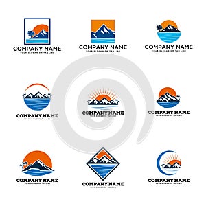 Set logo design mountains rivers and sun