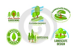 Set of Logo Garden Landscape Design. Gardening, Green Landscaping Company Icons. Tree Park, Nature Woodland and Parkland