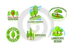 Set of Logo Garden Landscape Design. Gardening, Green Landscaping Company Icons. Tree Park, Nature Woodland and Parkland photo