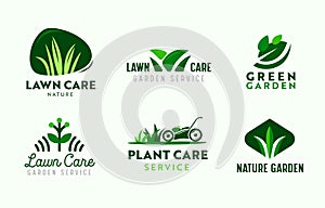 Set of Logo Garden and Lawn Care Service. Gardening Company Icons, Plants Care, Lawn Mower in Park, Nature Eco Village
