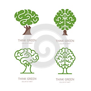 Set of logo, icon, emblem design with brain tree. Think green, eco, save earth and environmental concept.