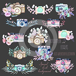 Set of logo mockups with watercolor cameras and floral elements