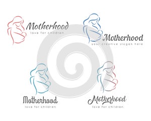 Set of logo with mother and baby. Stylized outline symbol. Motherhood, love, mother care, woman, child, baby sling.